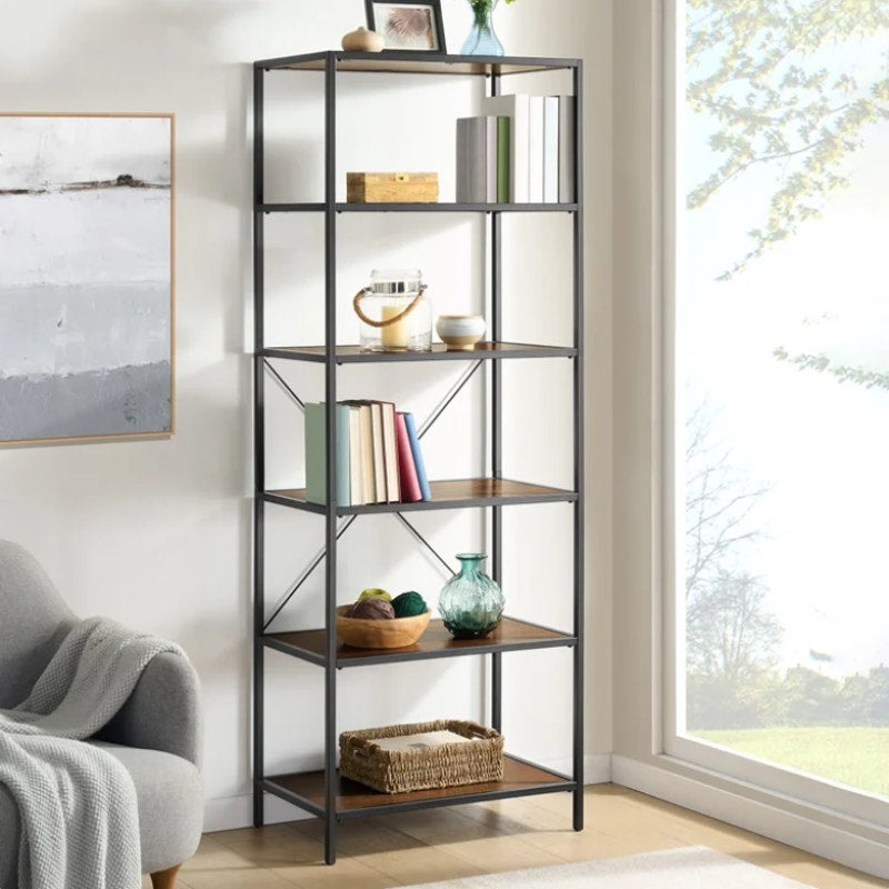 Bayside Furnishings Pierson 76" Bookcase Industrial Metal Wood Shelves NEW