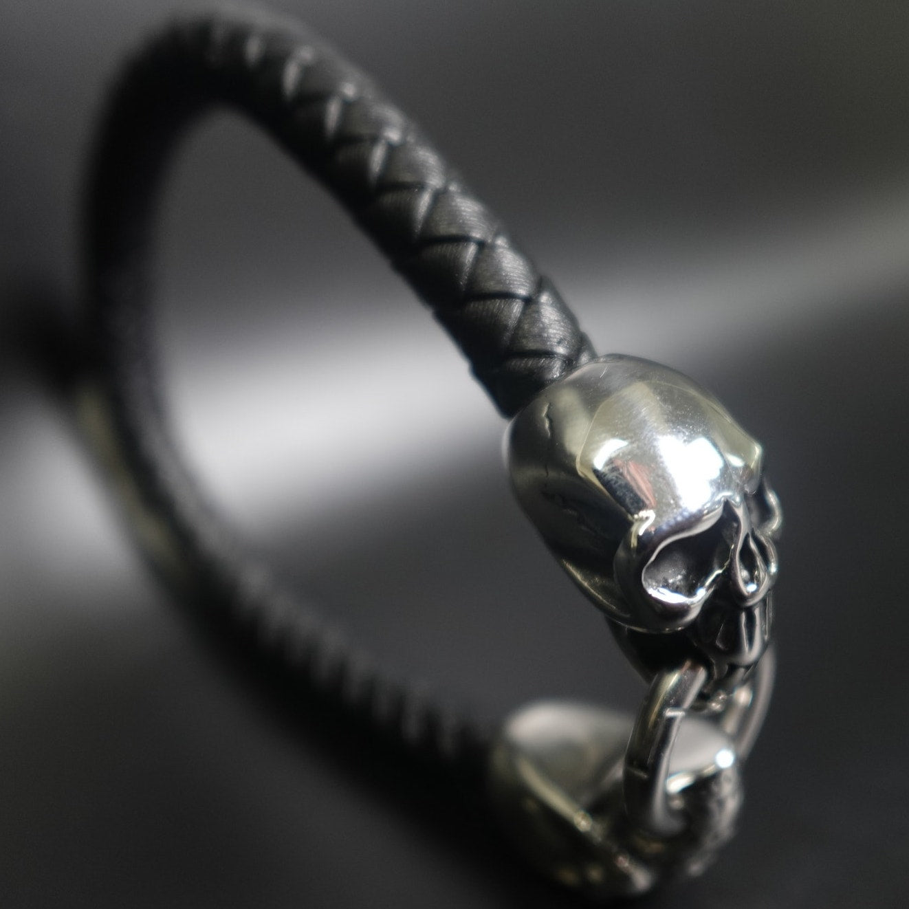 Black Braided Leather Stainless Steel Skull Bracelet SBR-6752