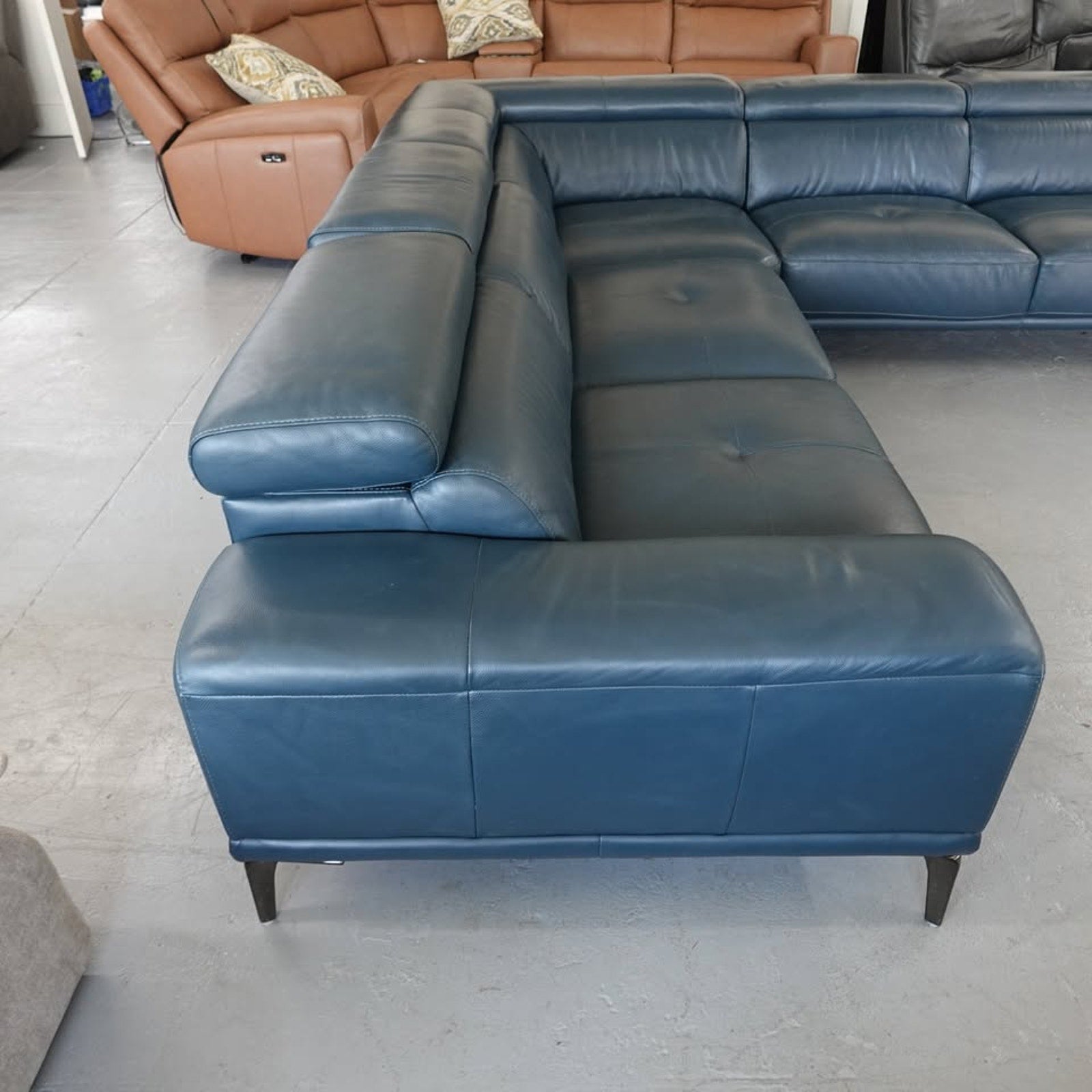 Abbyson Quinton Top Grain Leather Sectional with Adjustable Headrests, Blue