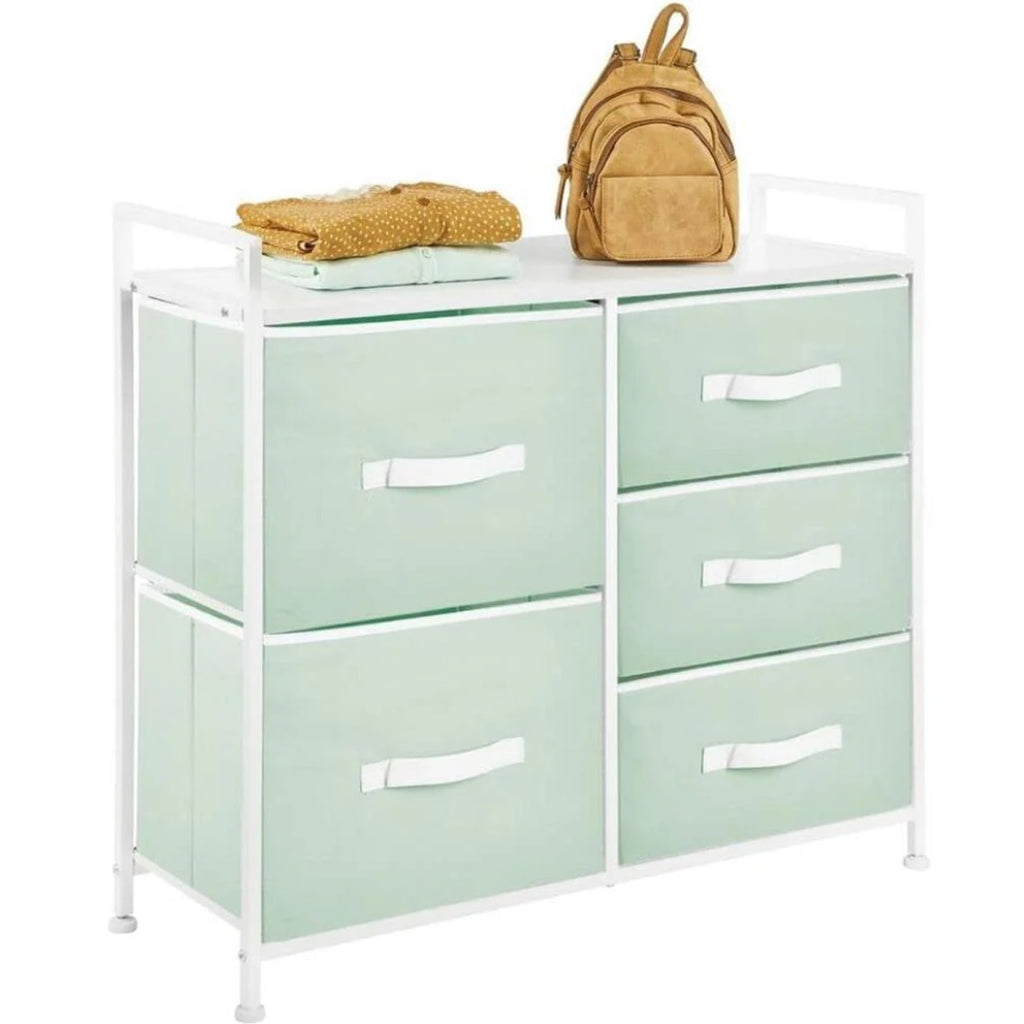 mDesign 5 Drawer Fabric Storage Dresser Wood Top Steel Frame Mint Green NEW