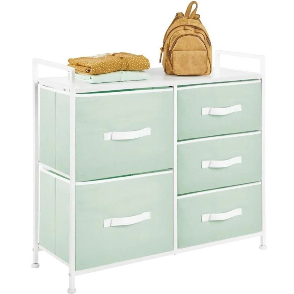 mDesign 5 Drawer Fabric Storage Dresser Wood Top Steel Frame Mint Green NEW