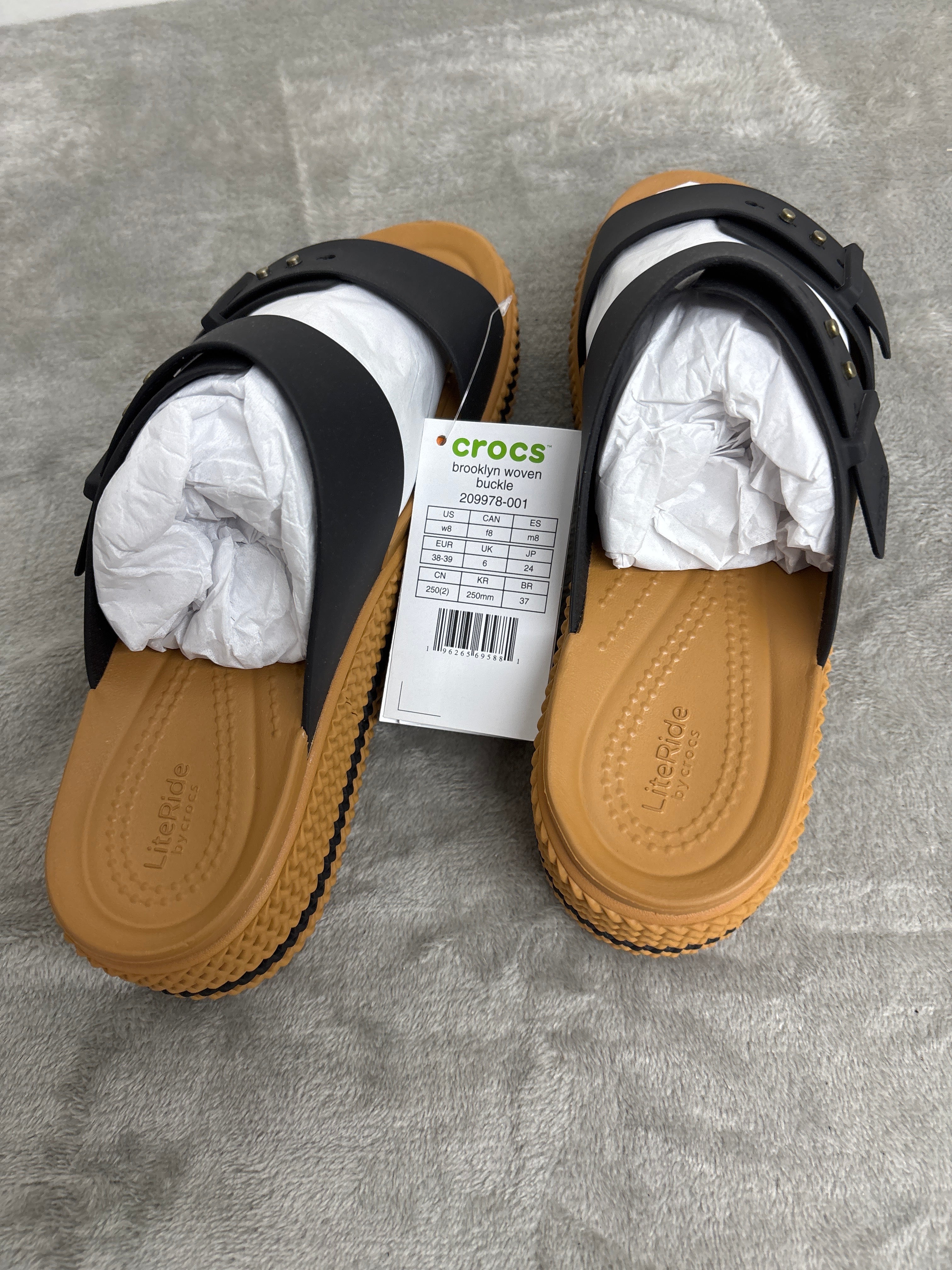 Crocs Brooklyn Woven Buckle Size 8 Black Women's Slide Sandals