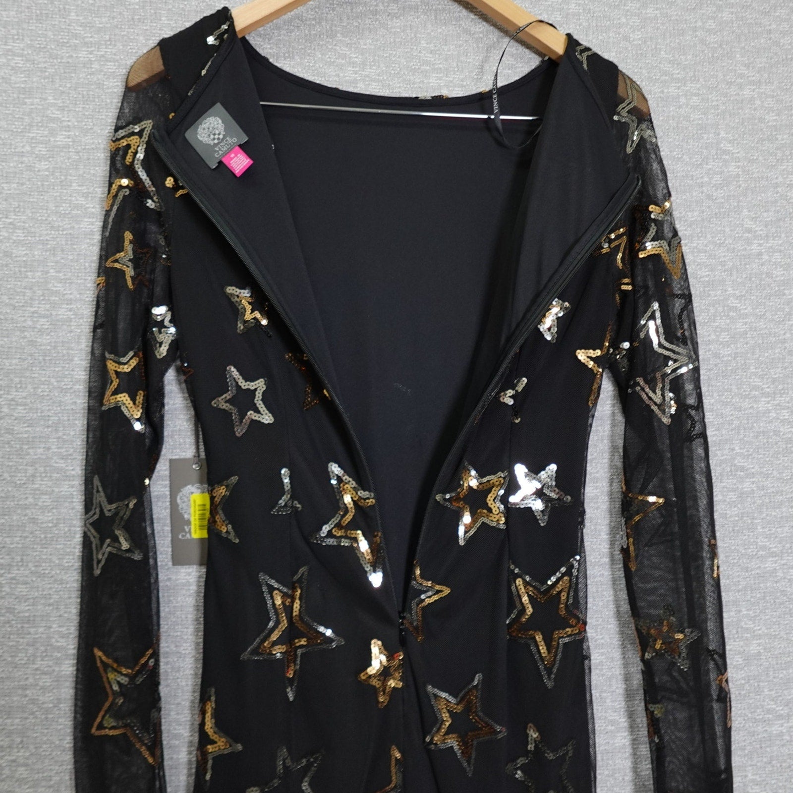 Vince Camuto Black Long Sleeve Mesh Dress with Sequin Stars Women's Size 6