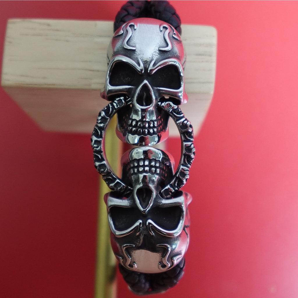 Black Braided Leather Stainless Steel Skull Bracelet DB-1233