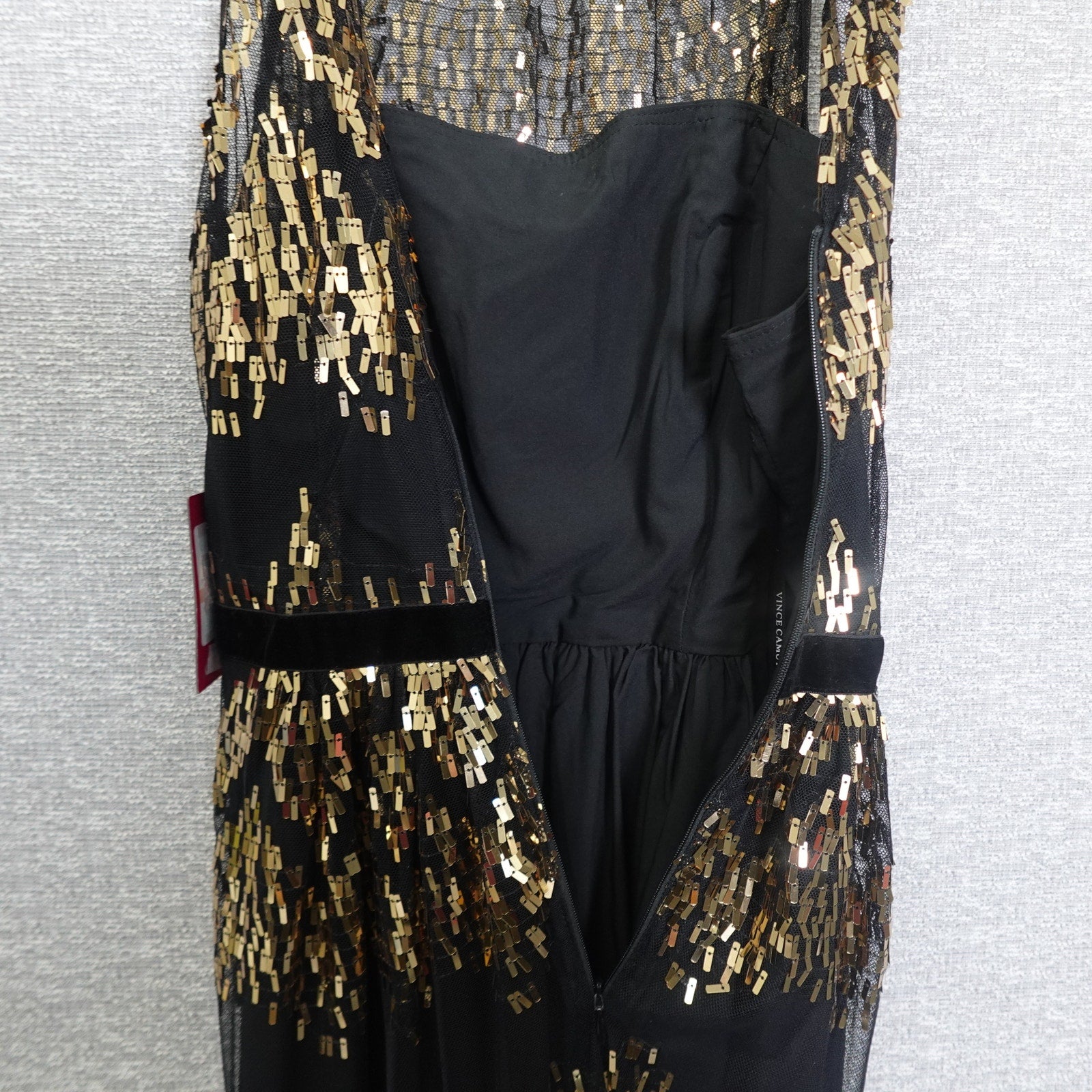 Vince Camuto Size 0 sequin illusion-neck midi dress in black and gold