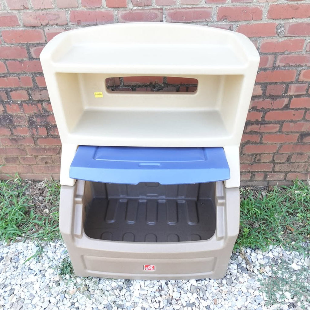 Step2 Lift & Hide Brown and Blue 38" Tall Plastic Toddler Bookcase and Kid Toy Box and Toy Storage