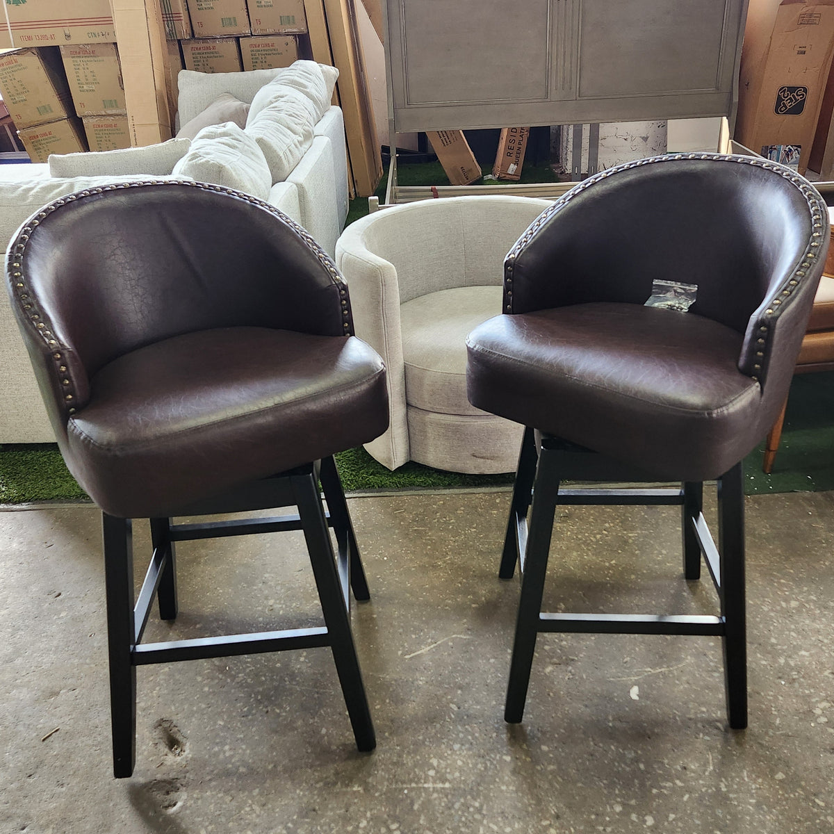 30" Bar Height Swivel Faux Leather Bar Stools with Solid Wood Legs, Set of 2