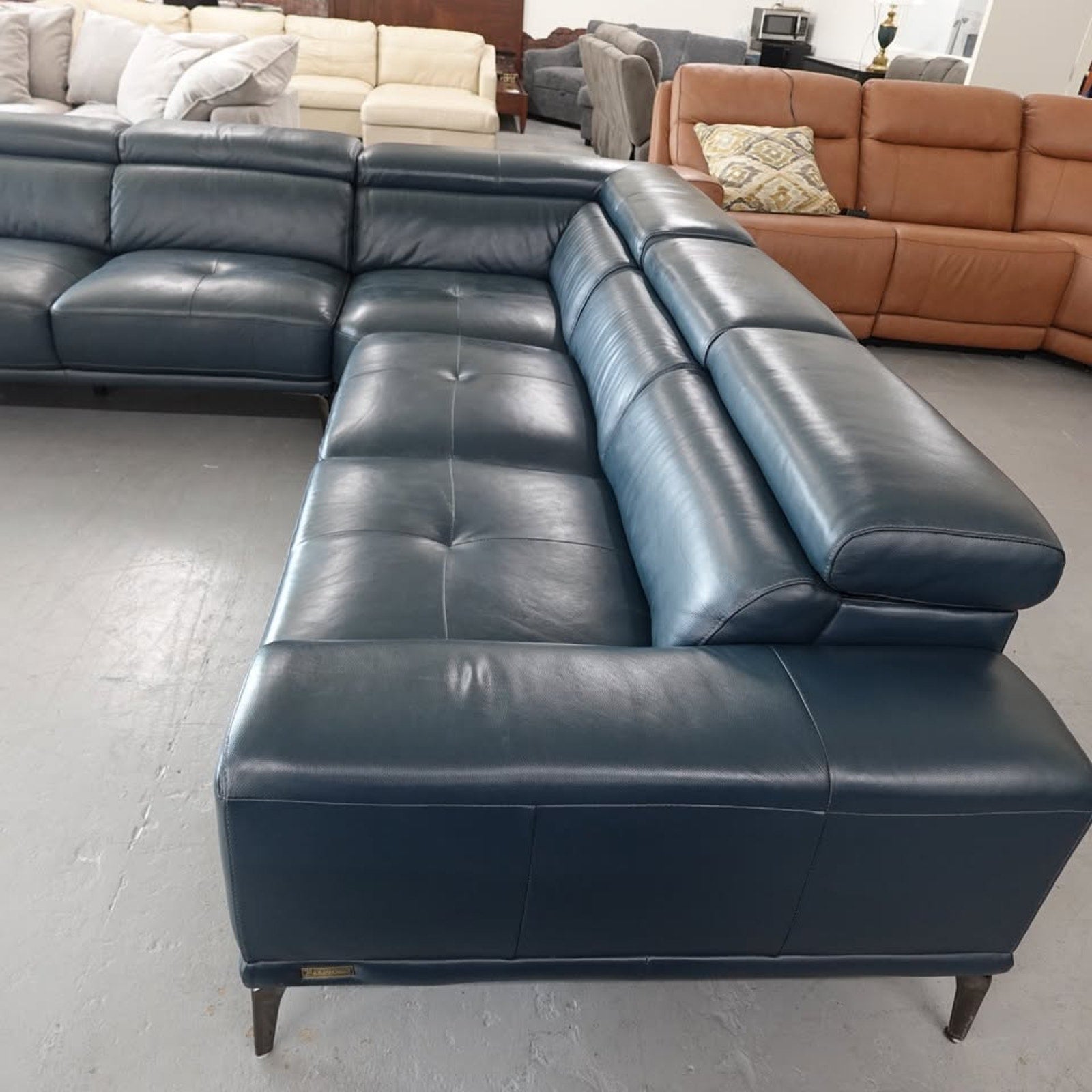 Abbyson Quinton Top Grain Leather Sectional with Adjustable Headrests, Blue