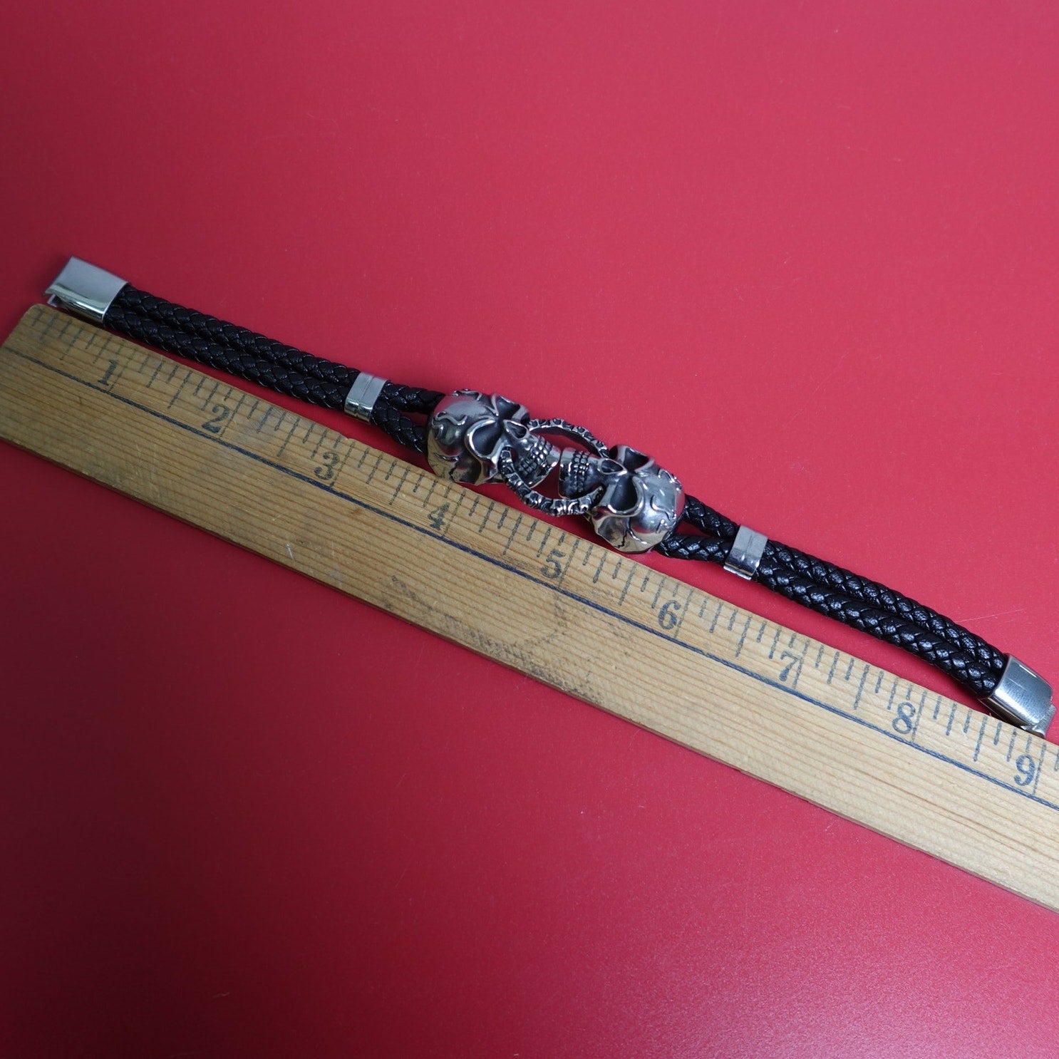 Black Braided Leather Stainless Steel Skull Bracelet DB-1233