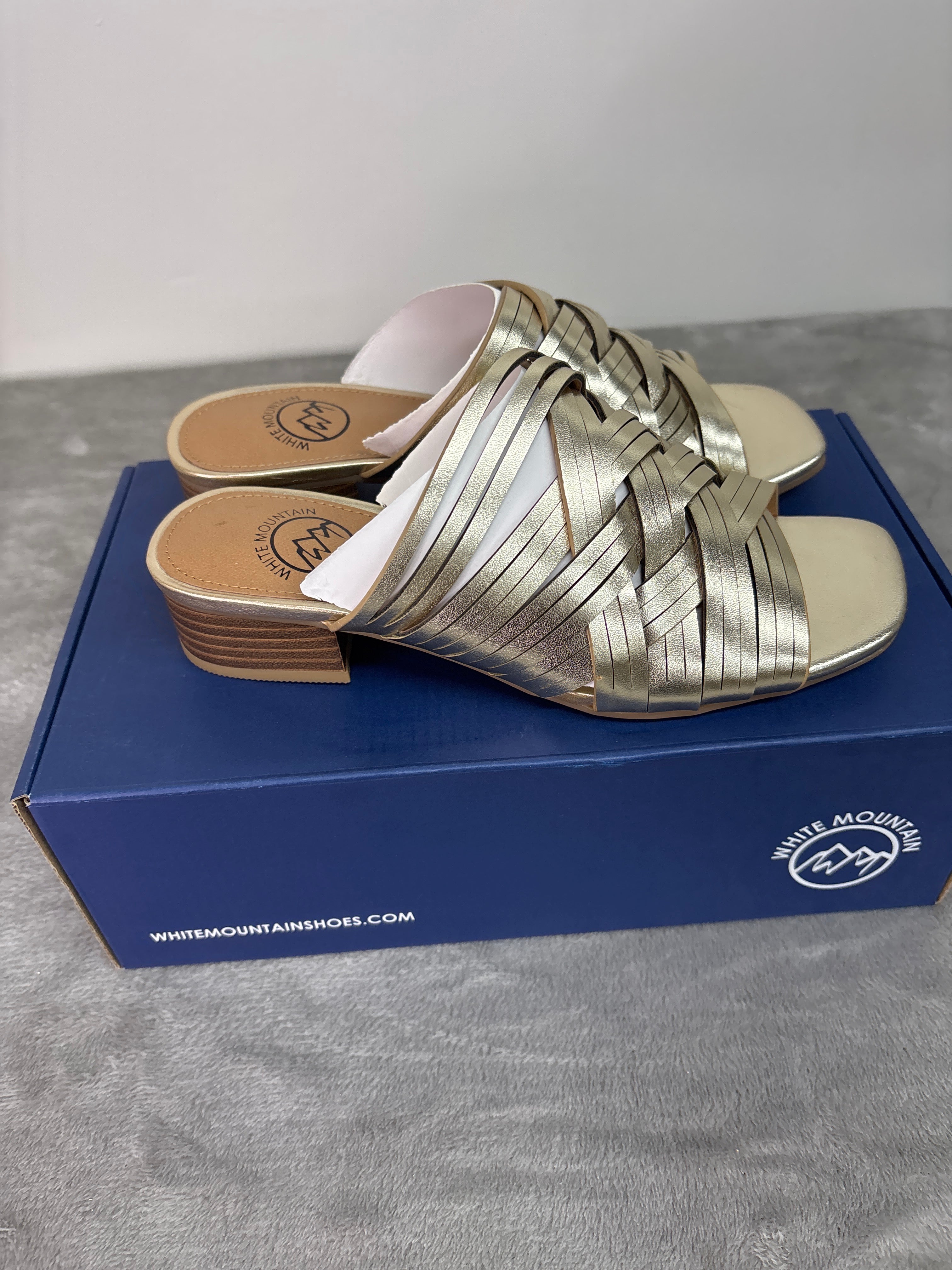 White mountain gold woven slide sandals
