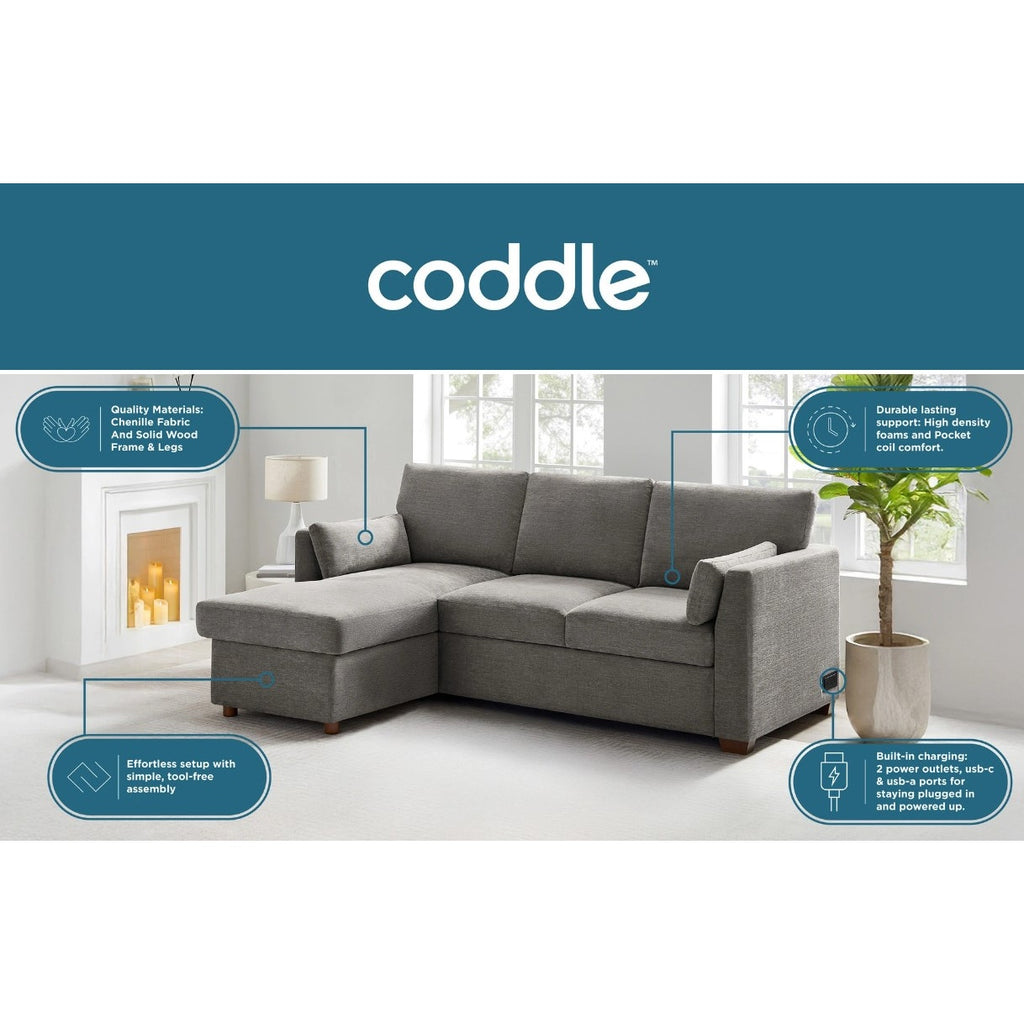 Coddle Luke Sleeper Sofa Reversible Chaise Storage USB Power Gray Fabric