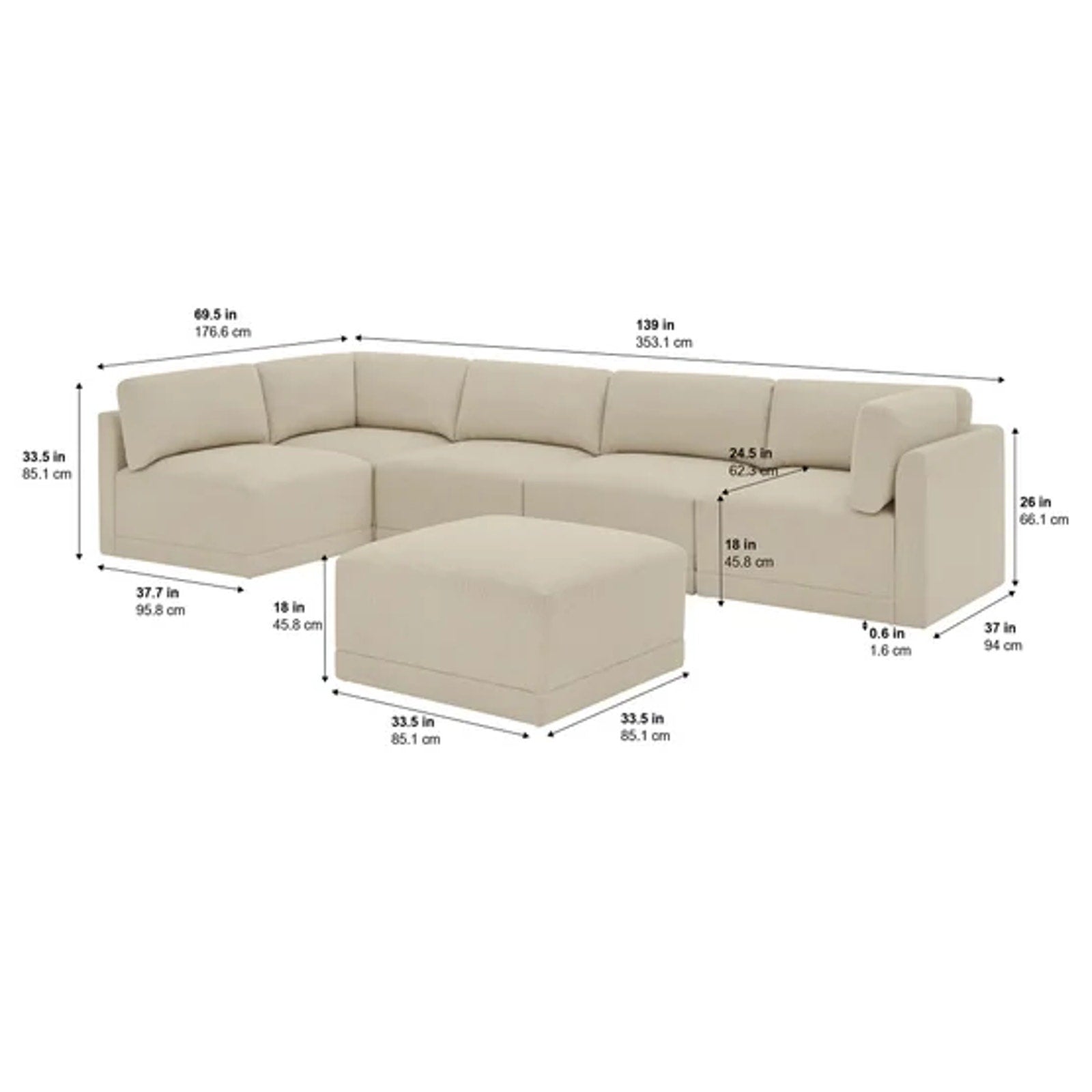 Thomasville Fallon Modular Sectional 6-piece Cream with Ottoman