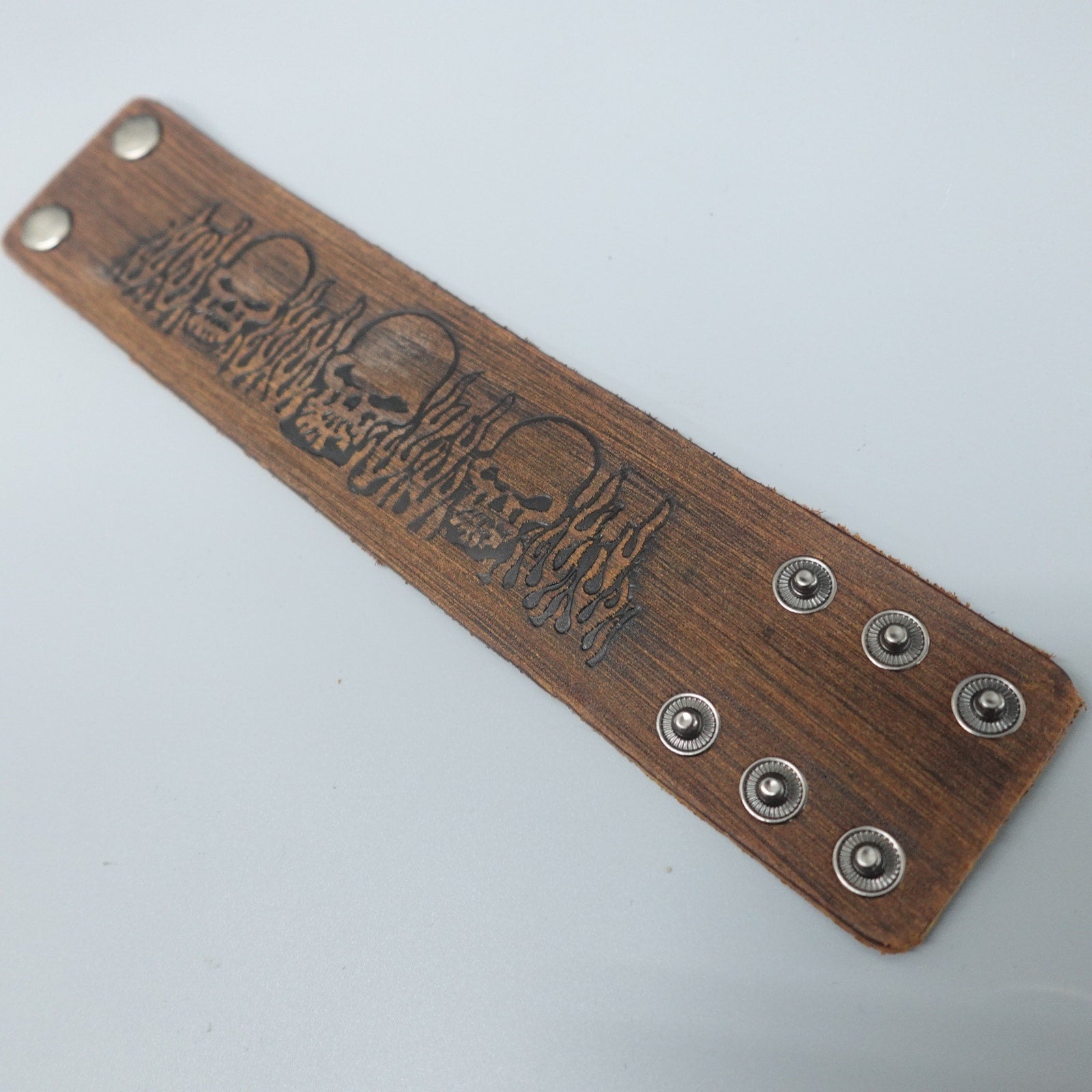 Brown Leather Bracelet w/ Flame & Skulls Embossed SL-24