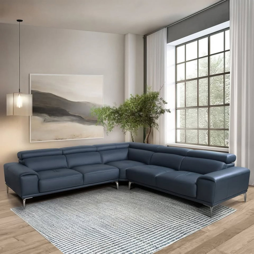Abbyson Quinton Top Grain Leather Sectional with Adjustable Headrests, Blue