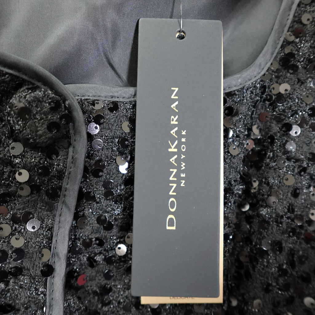 Donna Karan New York Size 14 Black Sequin Short Sleeve ButtonUp Belted Dress NWT