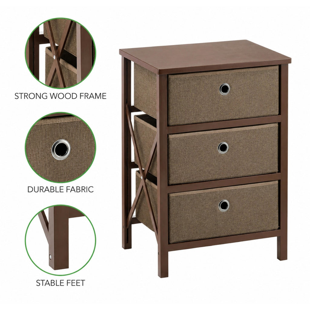 mDesign 3 Drawer Fabric Dresser Storage Unit Wood Top Brown Organizer Cabinet New