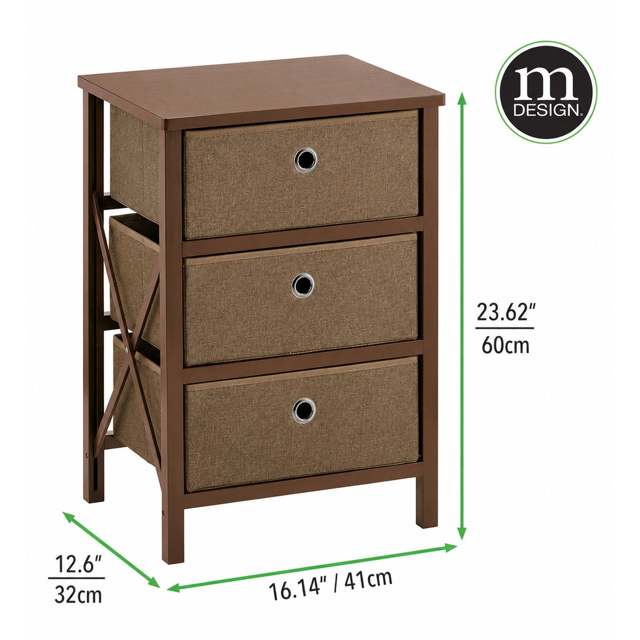 mDesign 3 Drawer Fabric Dresser Storage Unit Wood Top Brown Organizer Cabinet New