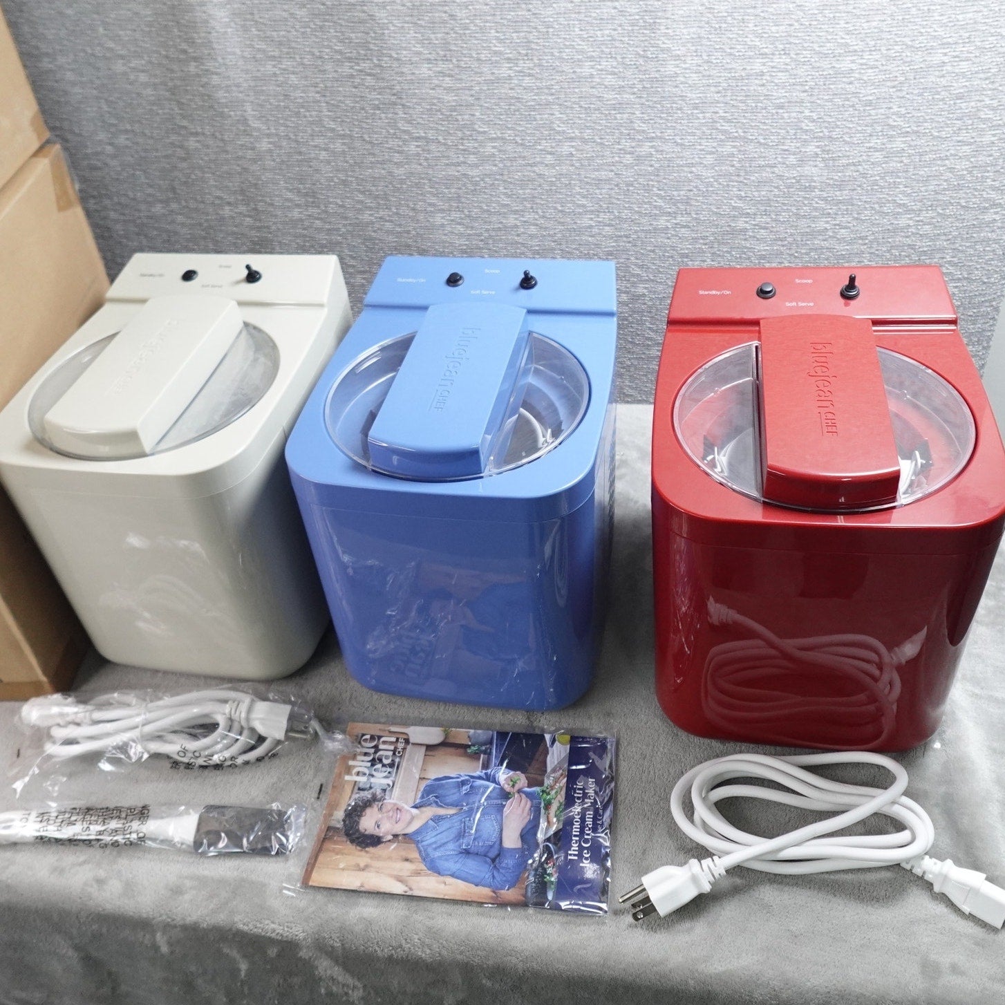Lot of 3 Blue Jean Chef 1 Qt Thermoelectric Ice Cream Makers NEW Red Blue Gray