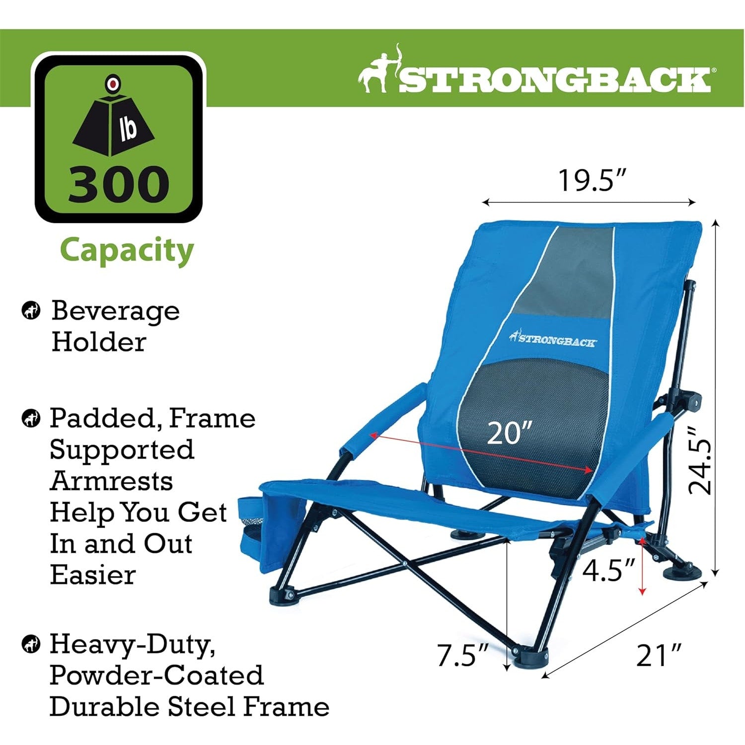 STRONGBACK Low G Beach Chair Ergonomic Lumbar Support Folding Portable 300lb