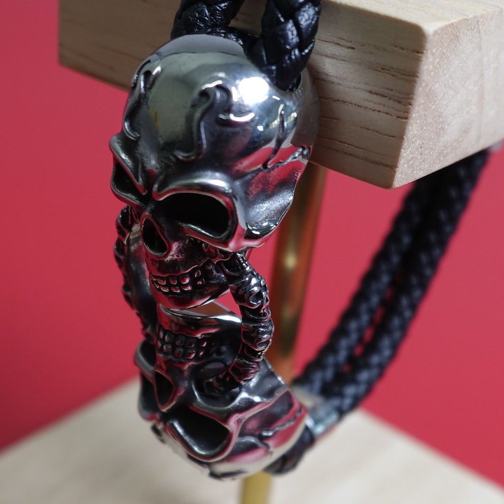 Black Braided Leather Stainless Steel Skull Bracelet DB-1233