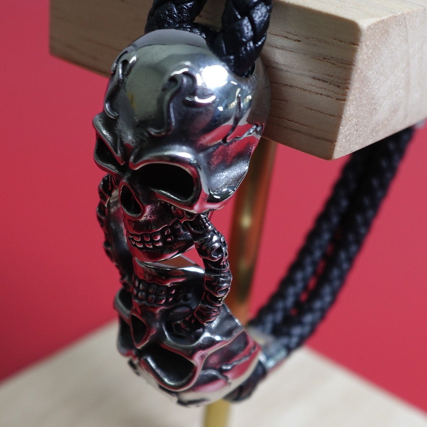 Black Braided Leather Stainless Steel Skull Bracelet DB-1233