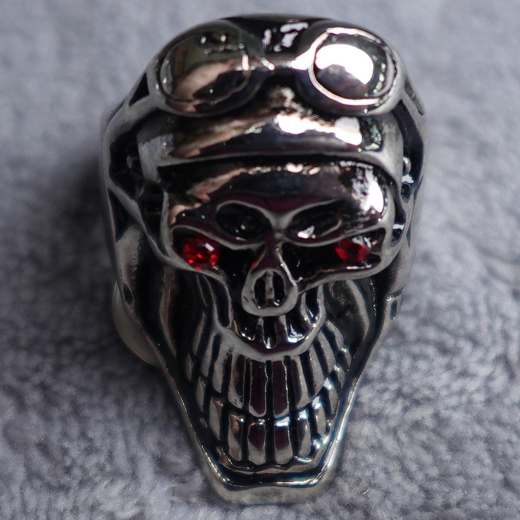 Stainless Steel Skull Ring Size 9 with Motorcycle goggles RSRN-620
