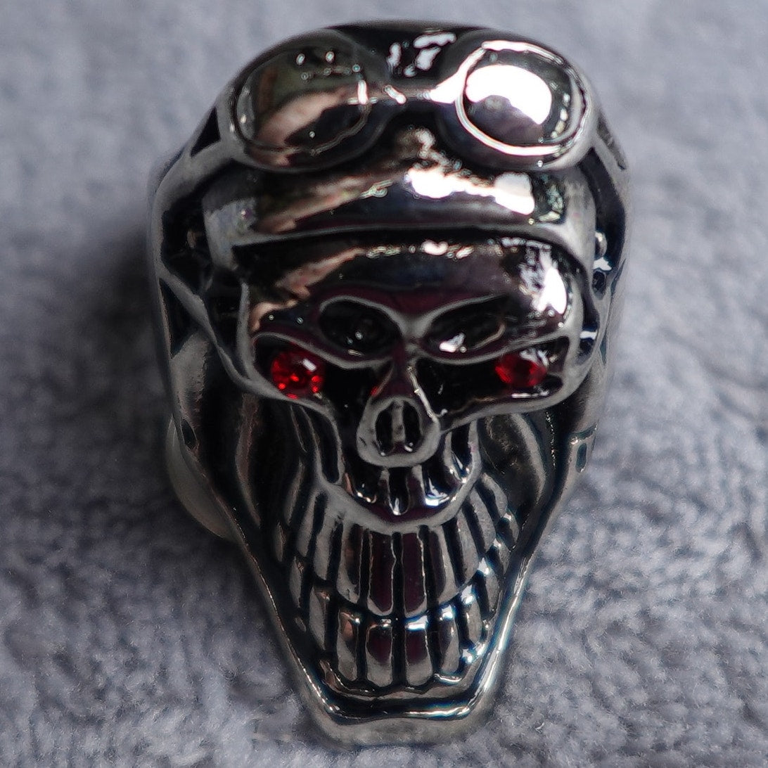 Stainless Steel Skull Ring Size 9 with Motorcycle goggles RSRN-620