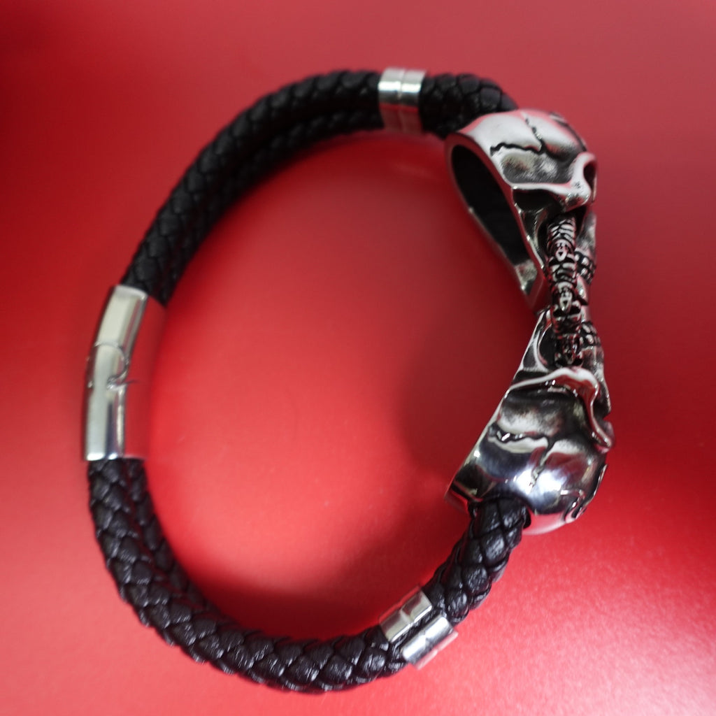 Black Braided Leather Stainless Steel Skull Bracelet DB-1233