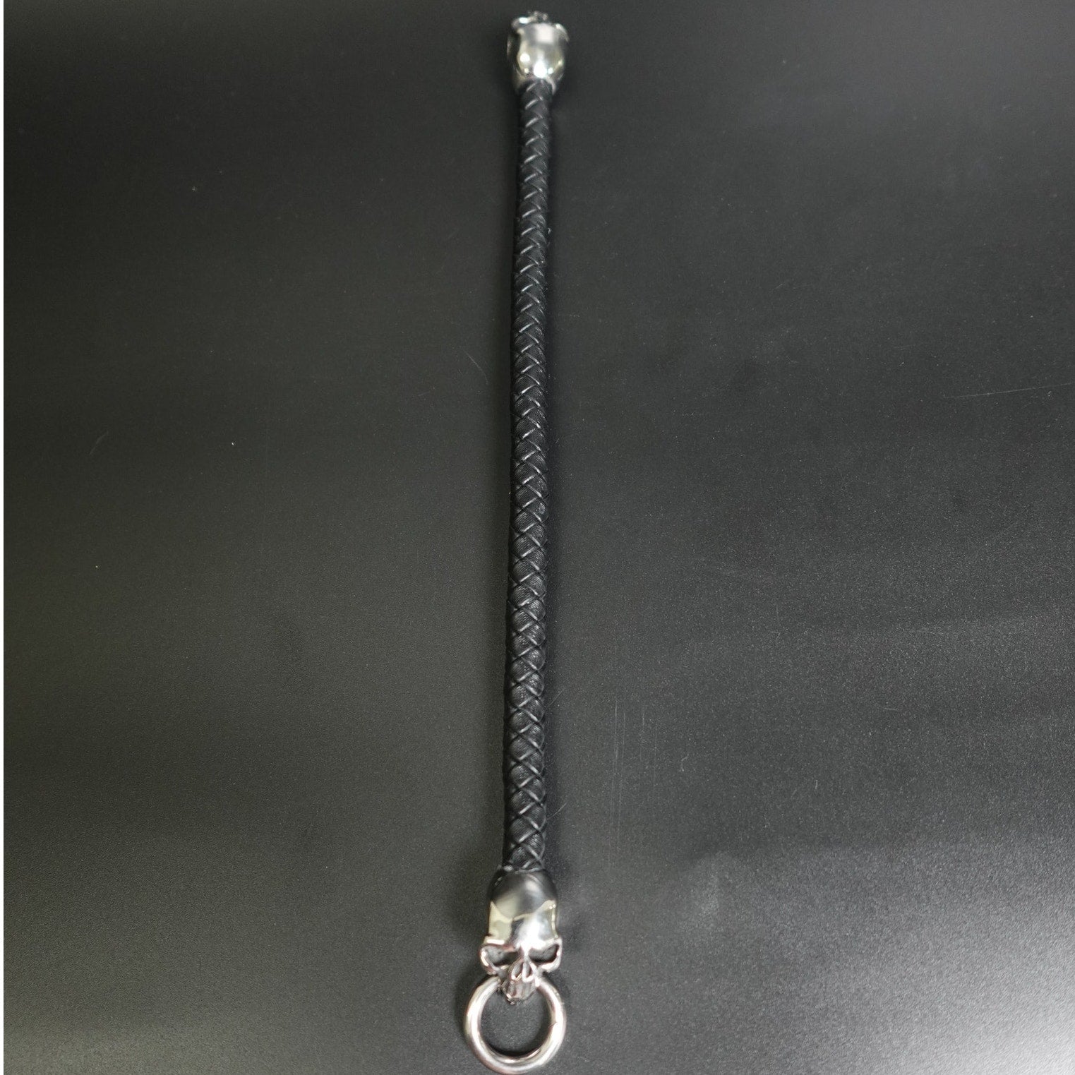 Black Braided Leather Stainless Steel Skull Bracelet SBR-6752