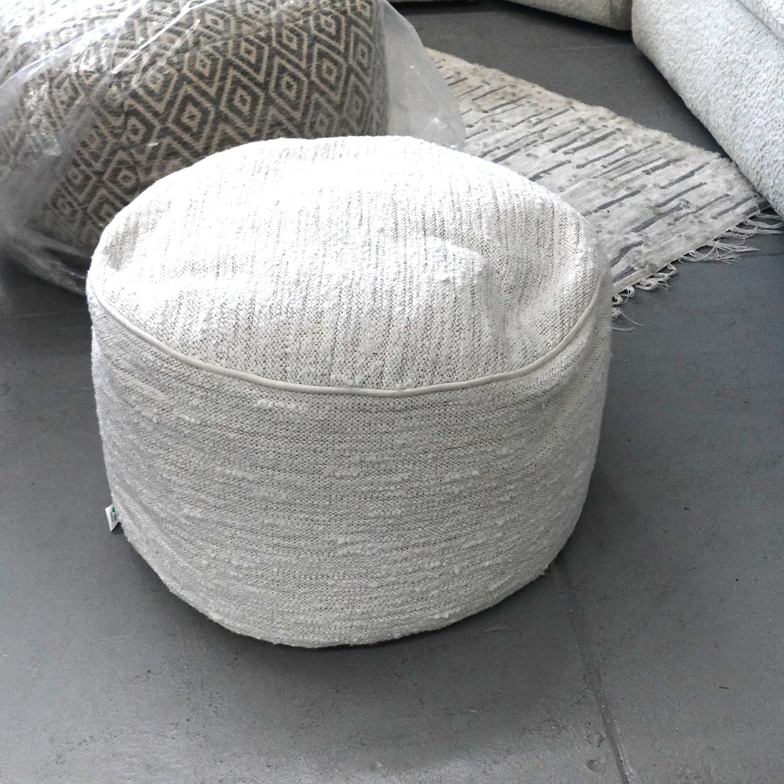 Boucle Round Floor Ottoman Pouf Indoor Decorative Cream 23"x12"