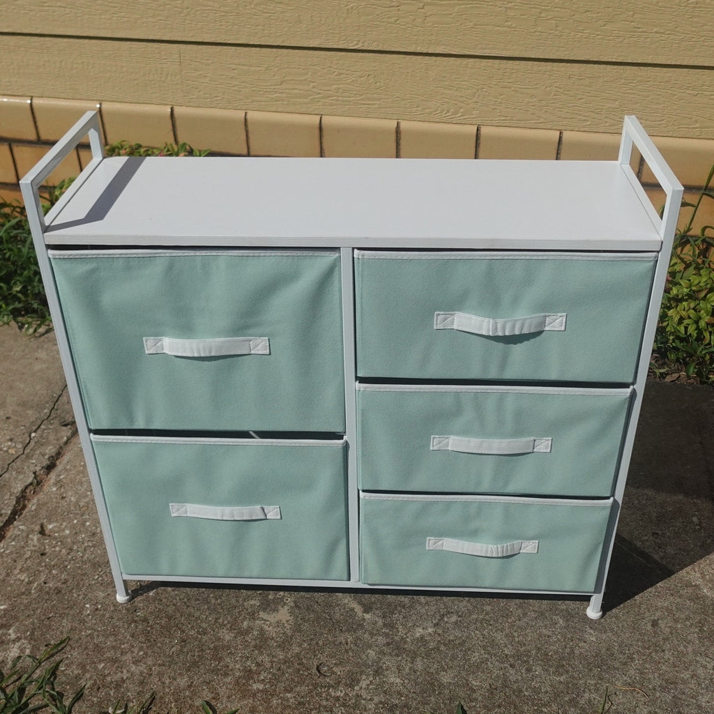 mDesign 5 Drawer Fabric Storage Dresser Wood Top Steel Frame Mint Green NEW