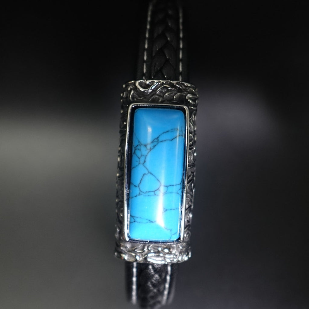 Stainless Steel & Leather Bracelet w/ Turquoise Stone SBR-6746