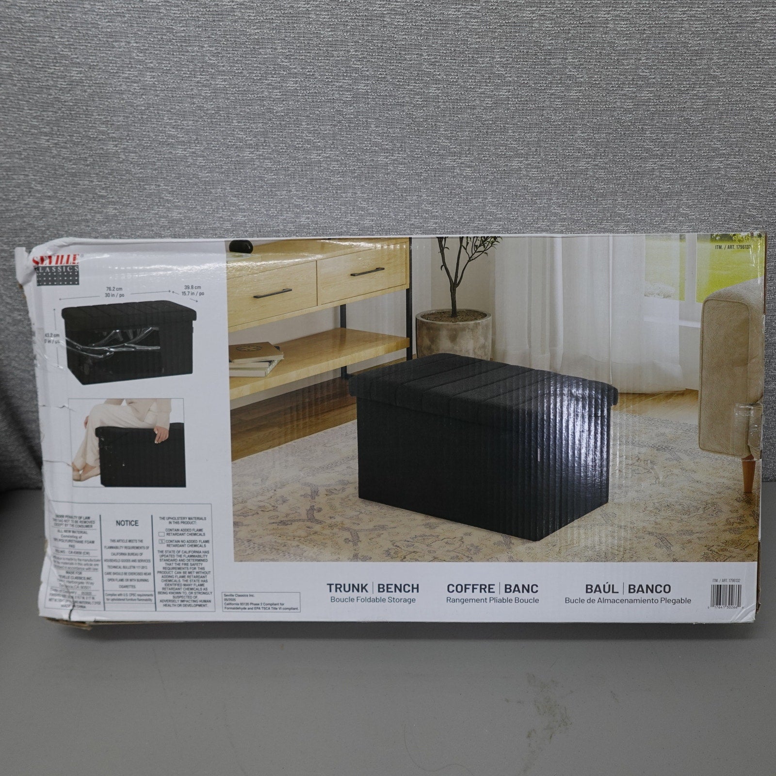 Seville Classics Boucle Foldable Trunk Ottoman - Black