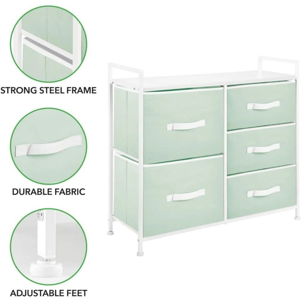 mDesign 5 Drawer Fabric Storage Dresser Wood Top Steel Frame Mint Green NEW