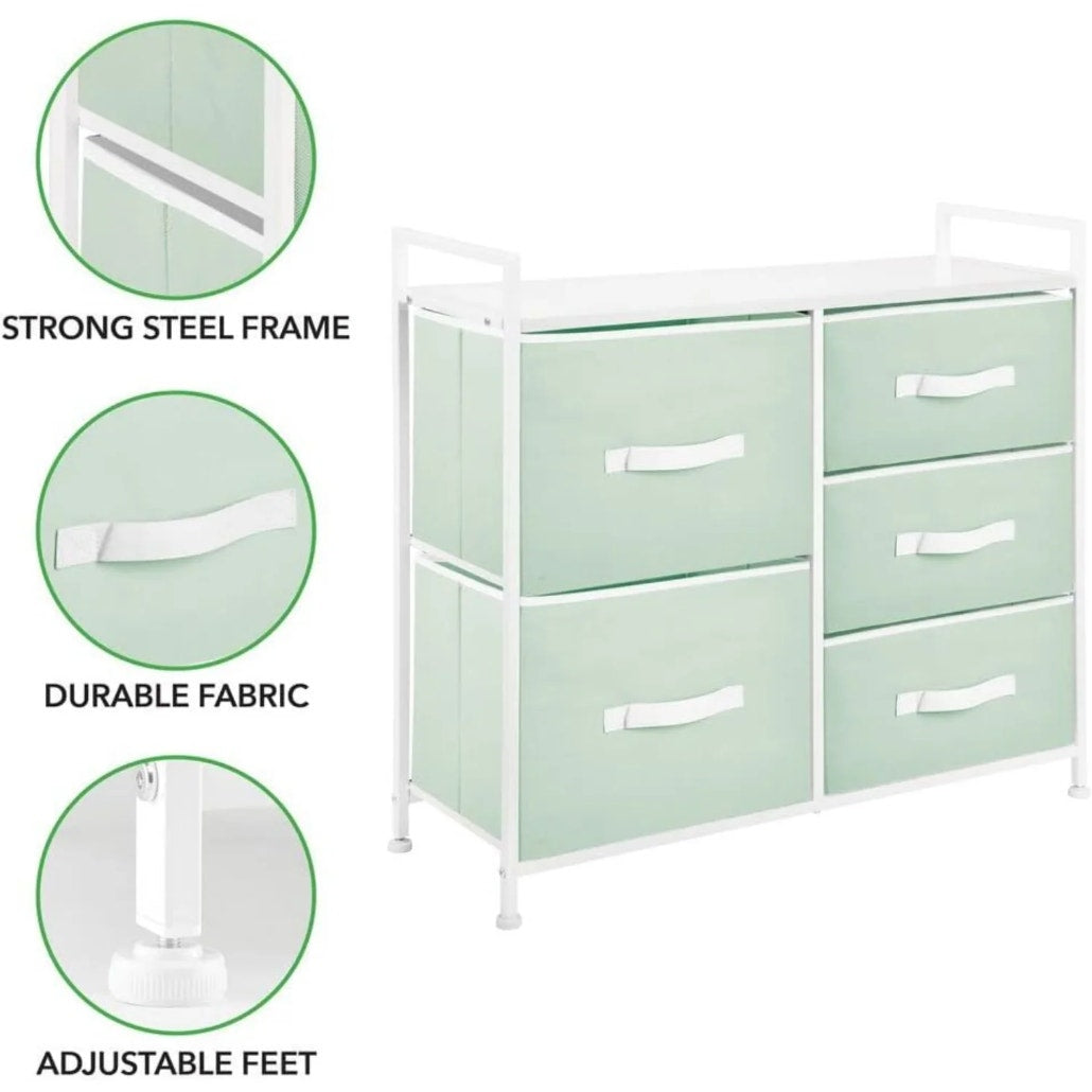 mDesign 5 Drawer Fabric Storage Dresser Wood Top Steel Frame Mint Green NEW