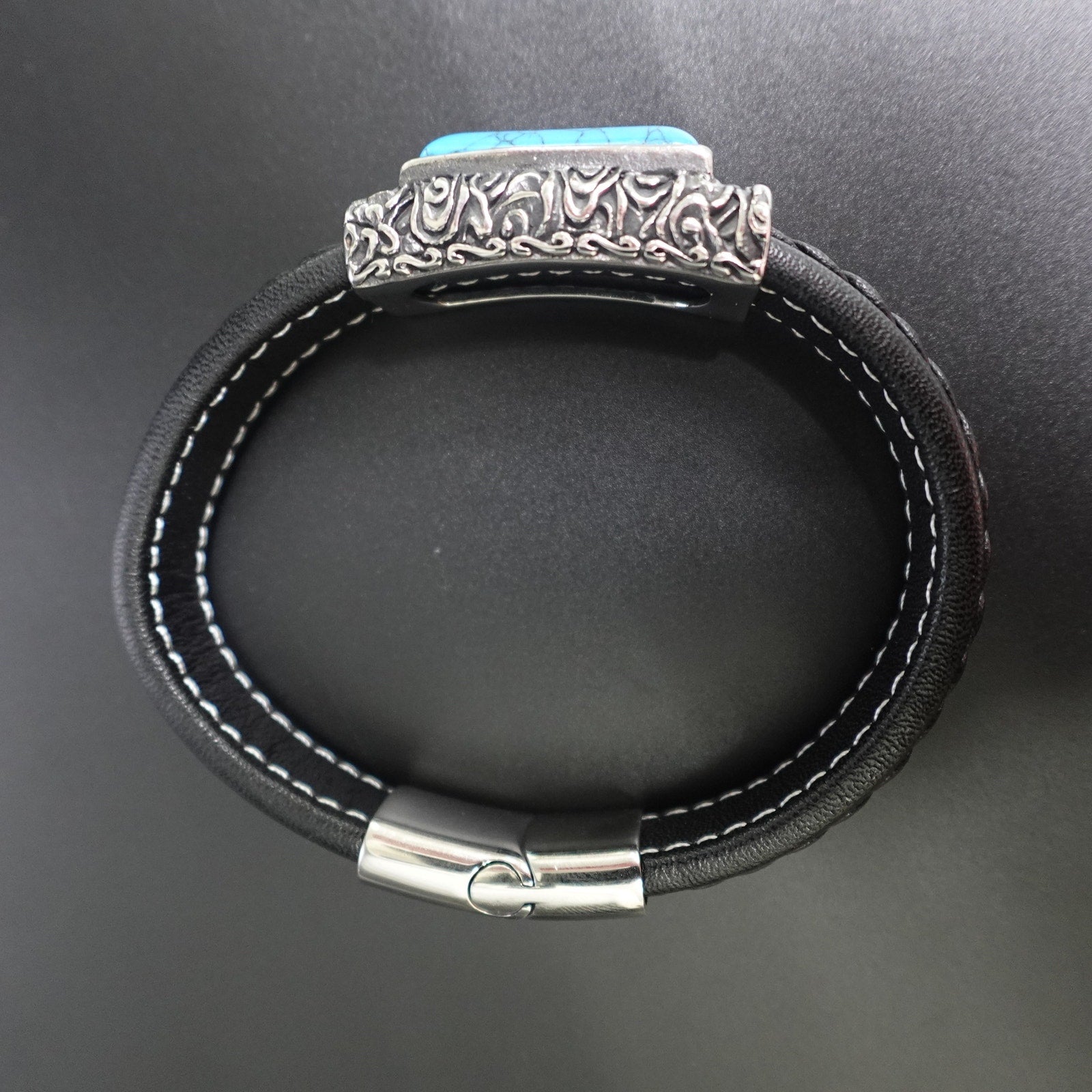 Stainless Steel & Leather Bracelet w/ Turquoise Stone SBR-6746