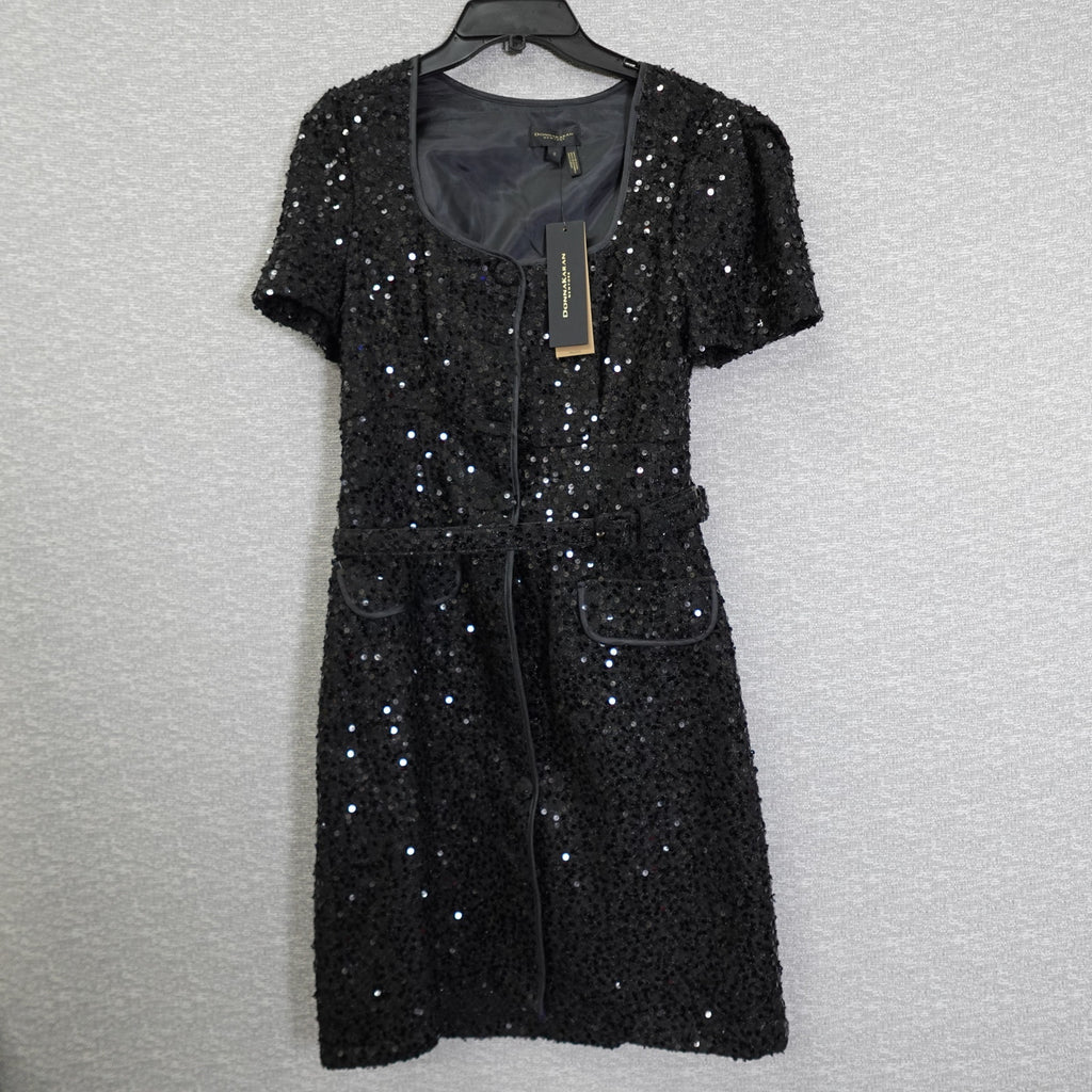 Donna Karan New York Size 8 Black Sequin Short Sleeve Button Up Belted Dress NWT