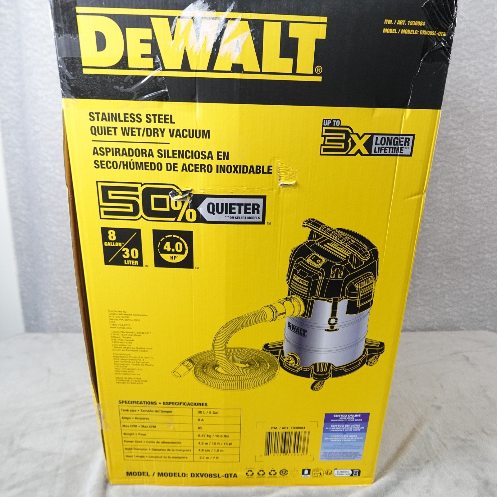 DEWALT DXV08S-QTA 8 Gallon 4HP StealthSonic Wet Dry Vacuum Stainless Steel
