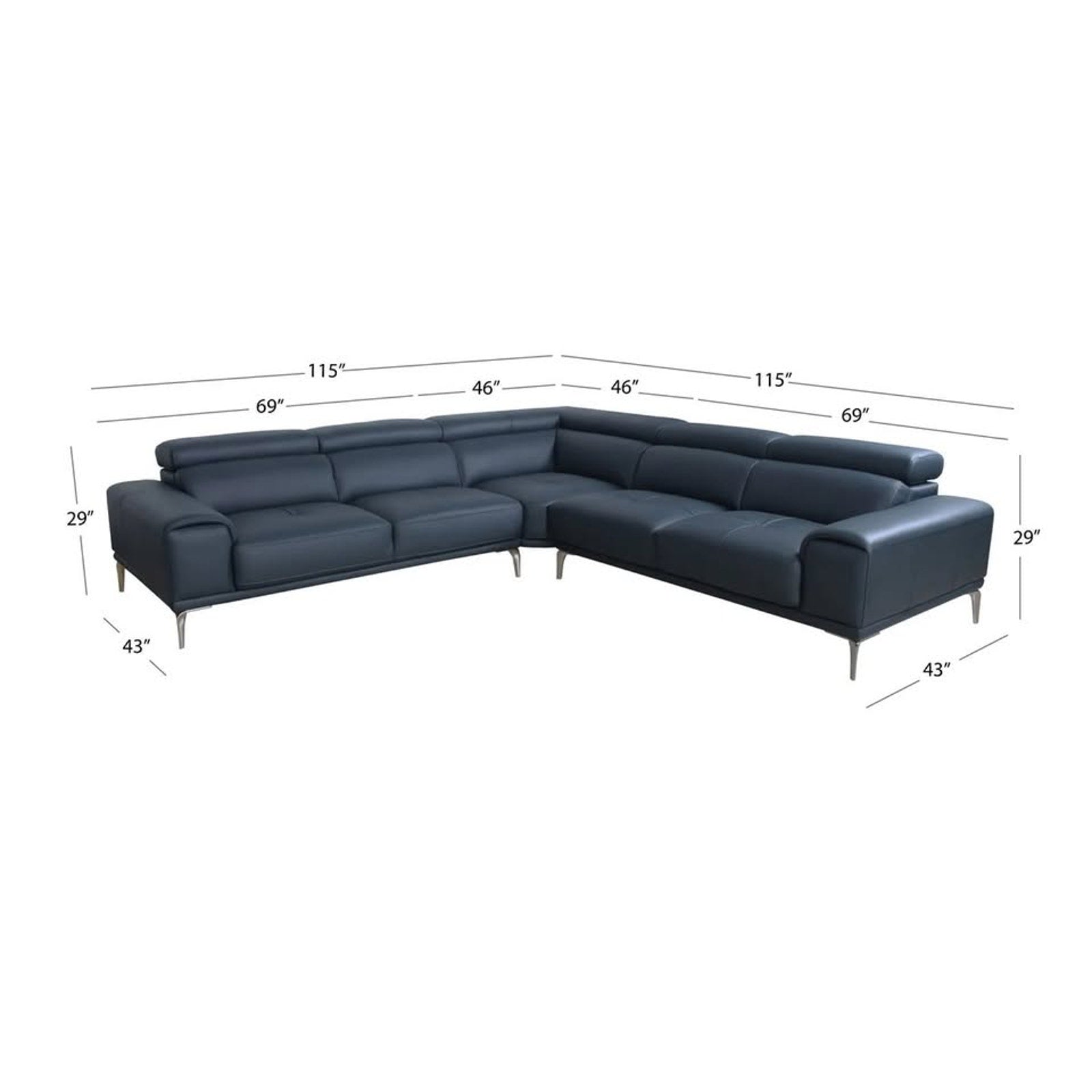 Abbyson Quinton Top Grain Leather Sectional with Adjustable Headrests, Blue
