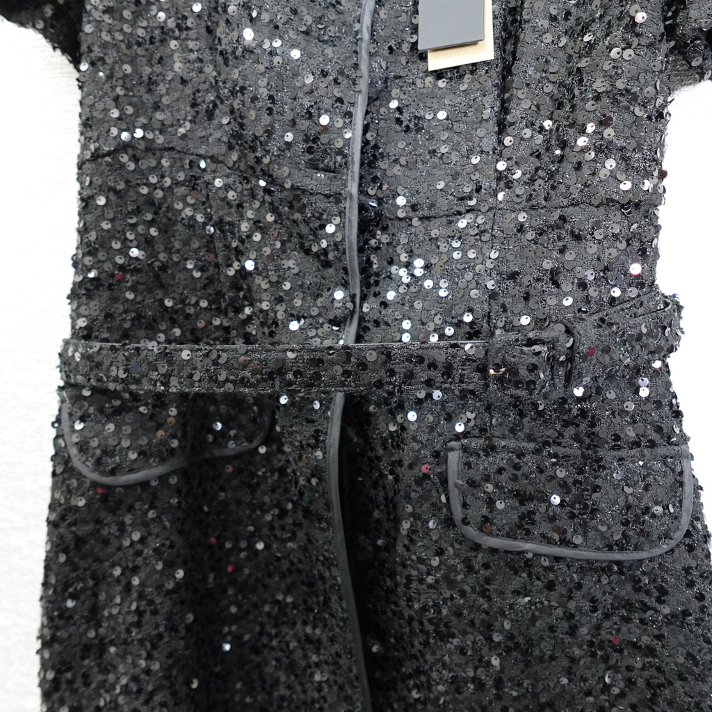 Donna Karan New York Size 10 Black Sequin Short Sleeve Button Up Belted Dress NWT