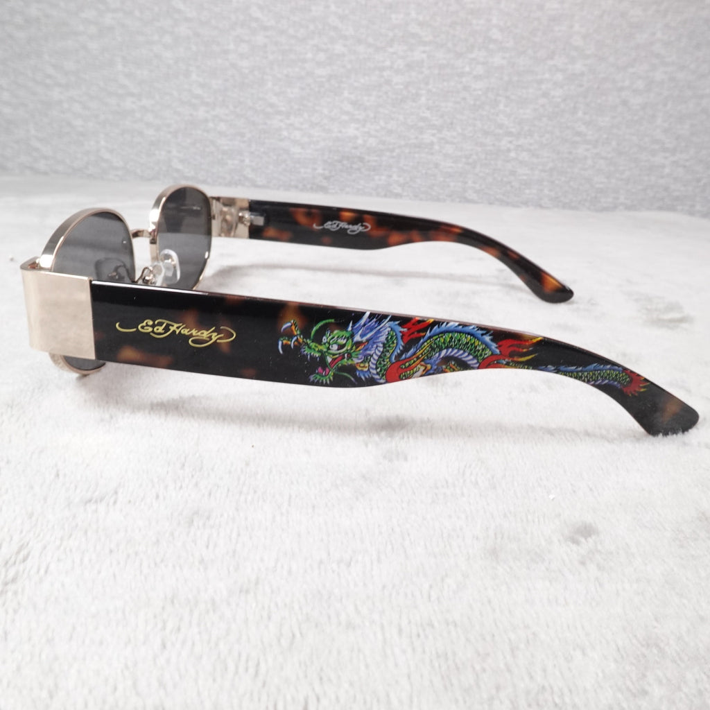 Ed Hardy Dragon House Annunciation Y2K Sunglasses Unisex Brown Tortoise VTG New