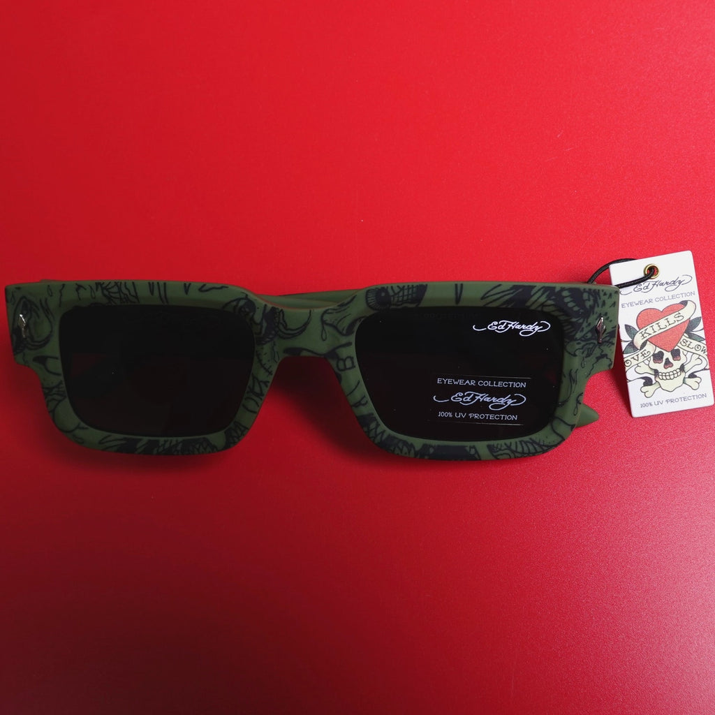 Ed Hardy Camouflage Green Square Frame Sunglasses Black 100% UV Protection