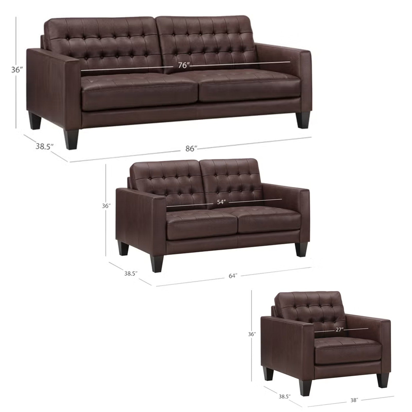 Carabella 3-piece Leather Set - Sofa, Loveseat, Chair