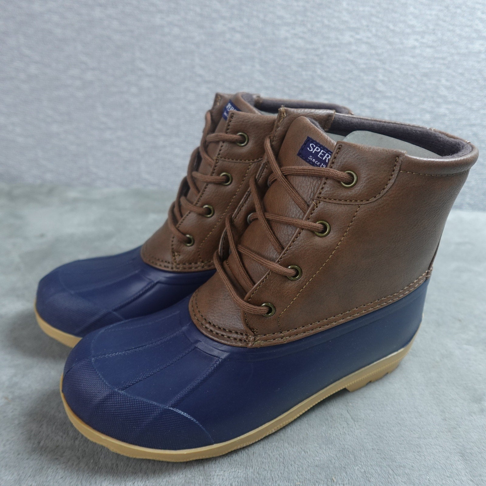 Sperry Port Duck Boot Boys Size 4M Tan Navy SCK263661 Waterproof Kids