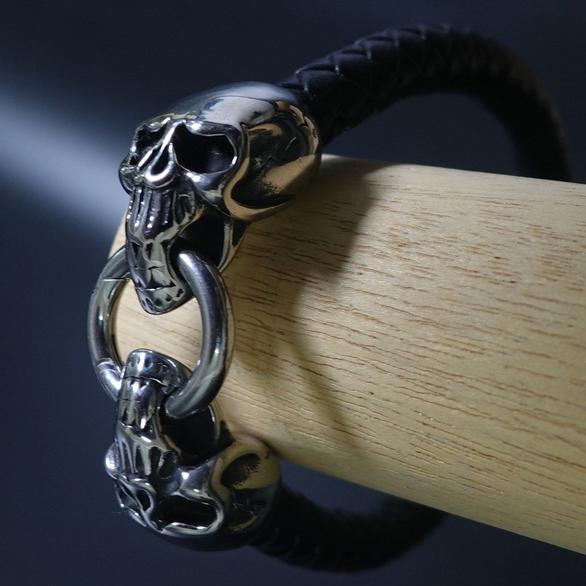 Black Braided Leather Stainless Steel Skull Bracelet SBR-6752