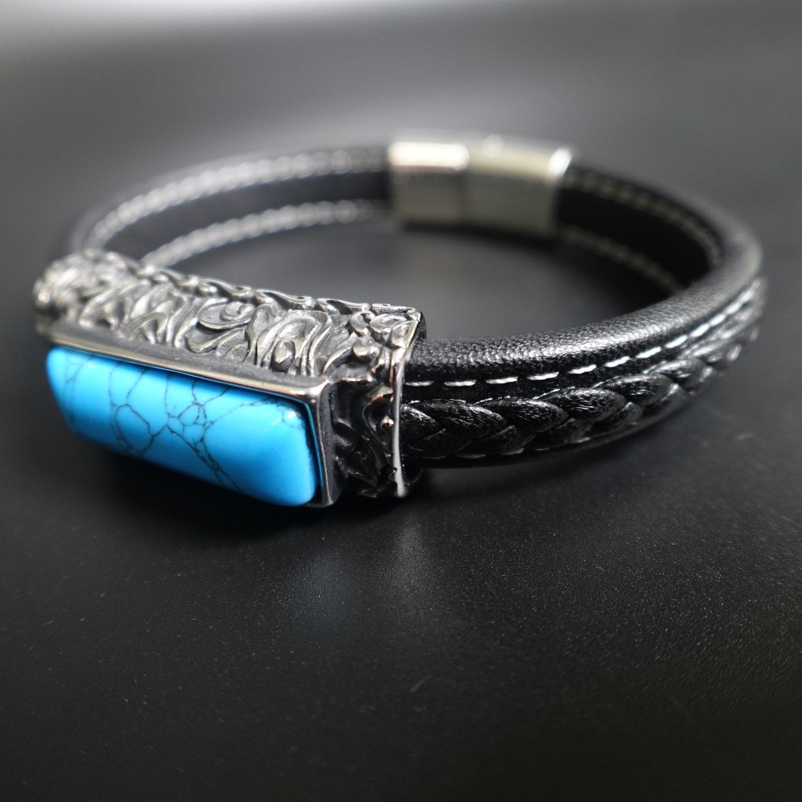 Stainless Steel & Leather Bracelet w/ Turquoise Stone SBR-6746