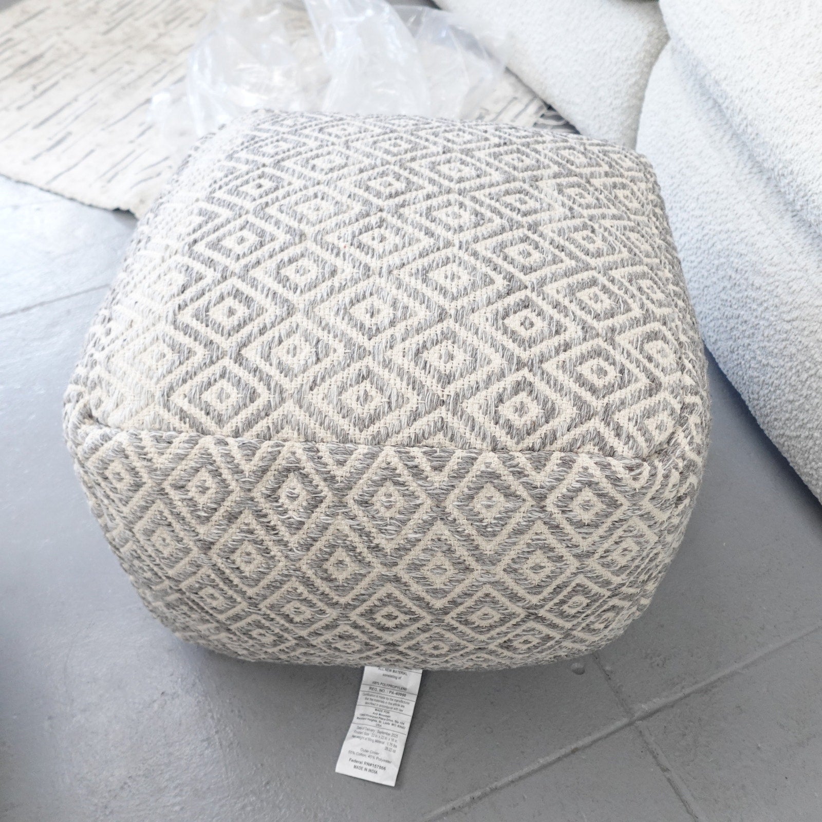Anji Mountain Cherokee Slate Ottoman Pouf Woven 20" sq. x 16" Diamond Gray NEW