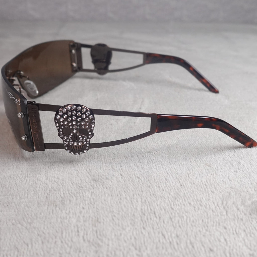 Ed Hardy Rhinestone Skull Shield Sunglasses Brown Gradient UV400 NEW