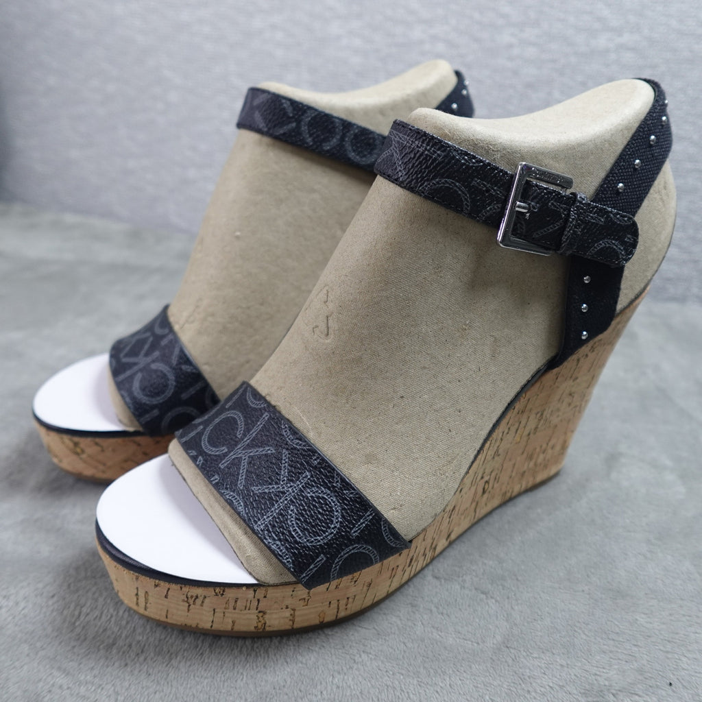 Calvin Klein Karmona Women's Wedge Sandals Black Logo Size 9M New