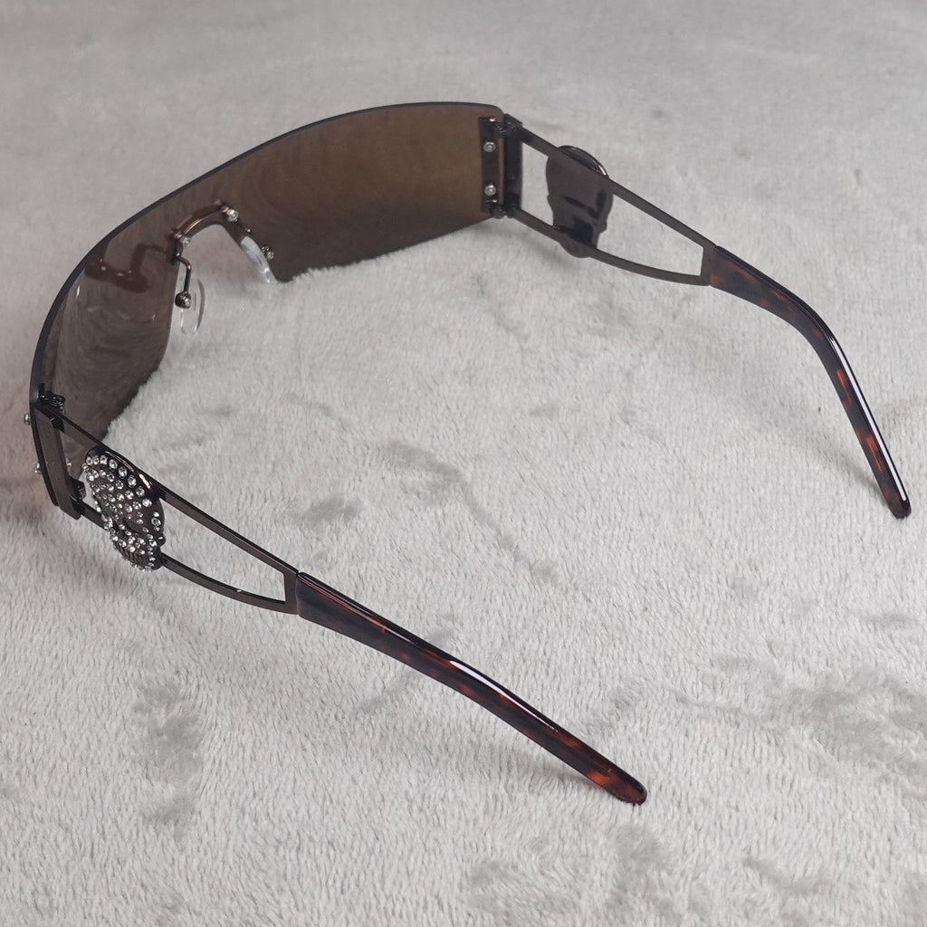 Ed Hardy Rhinestone Skull Shield Sunglasses Brown Gradient UV400 NEW